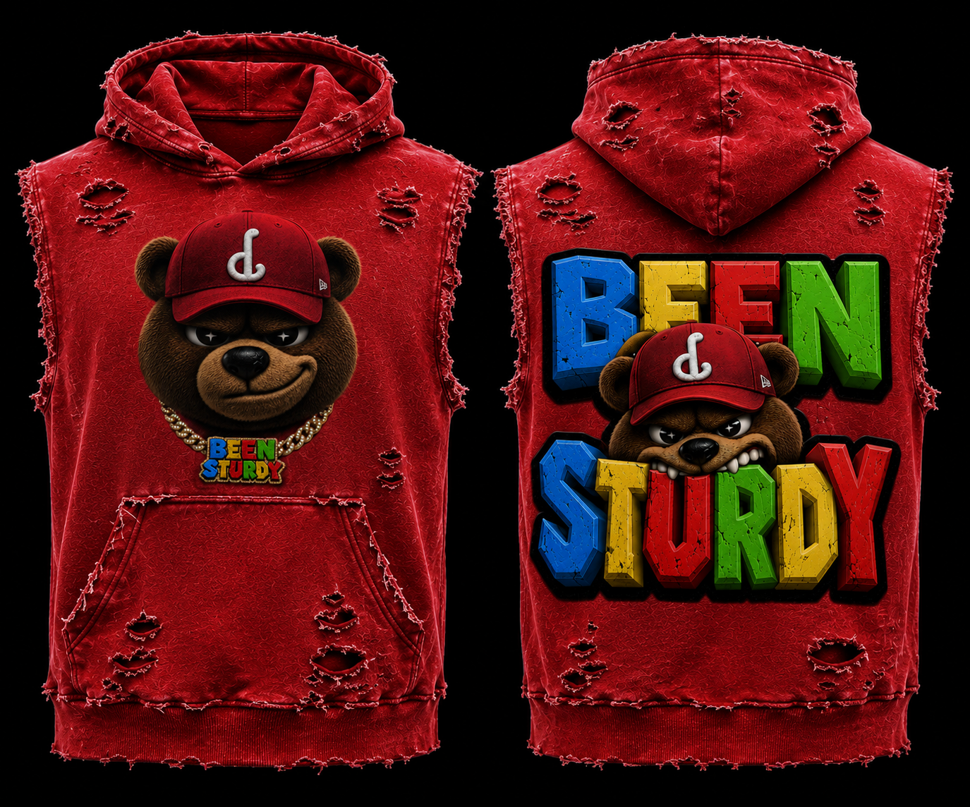 Sleeveless Distressed Hoodie — Red