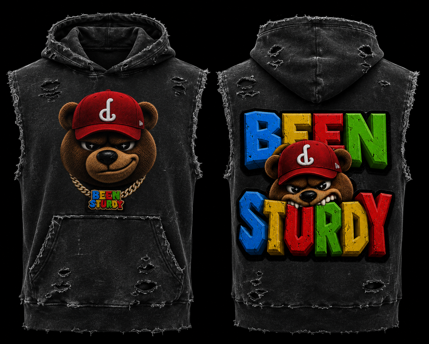 Sleeveless Distressed Hoodie — Black