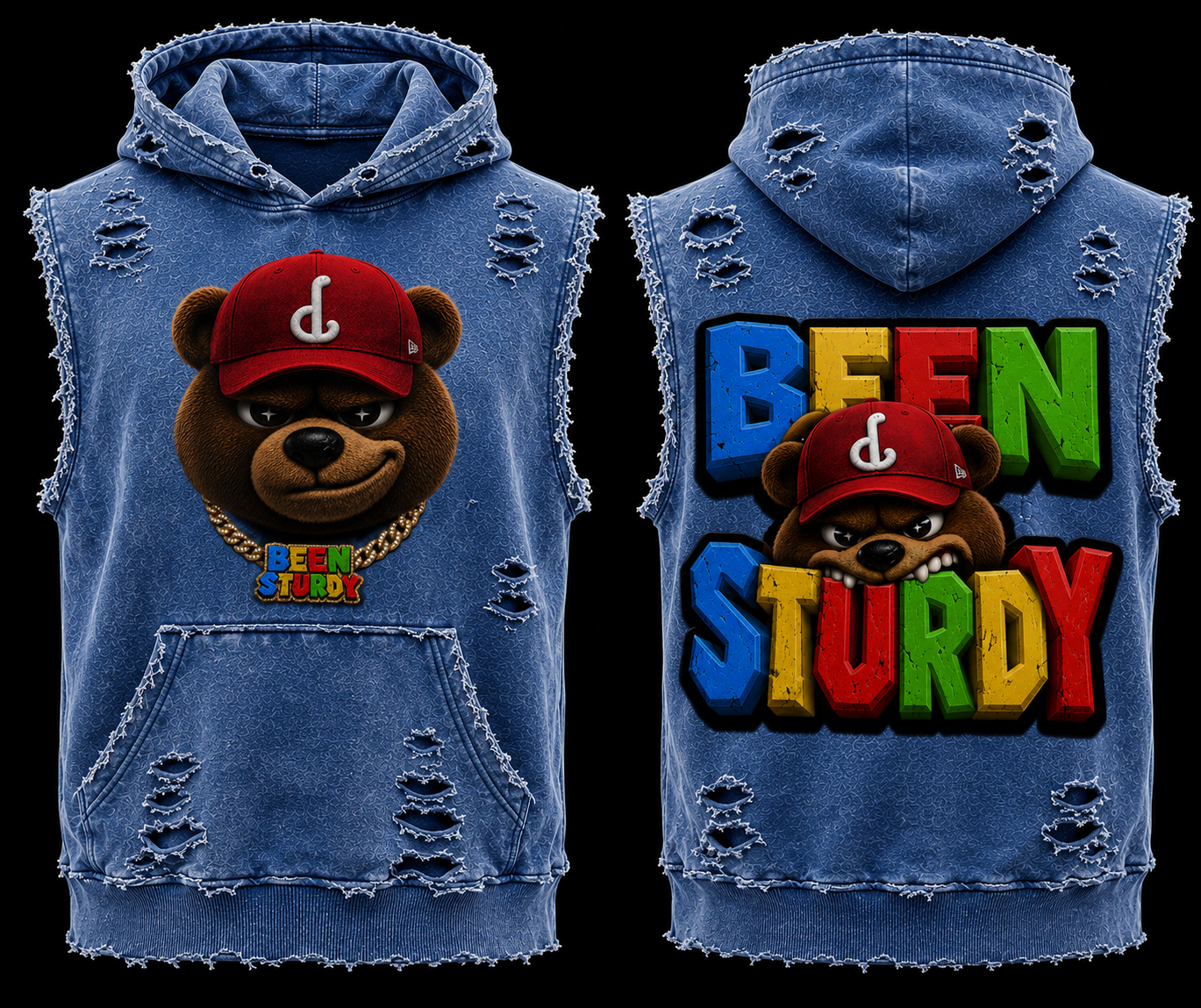 Sleeveless Distressed Hoodie — Blue
